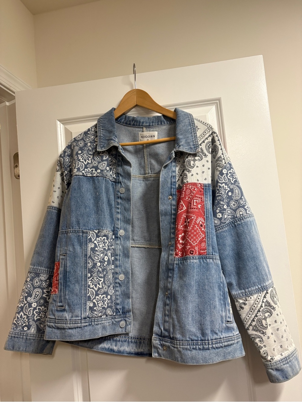 Vigoss Patchwork Bandana Denim Jacket in Blue, Red & White